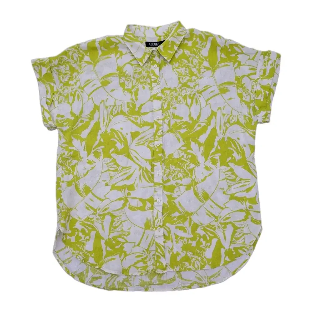 Ralph Lauren 100% Linen Short Sleeve Button Down Shirt Floral Size XL